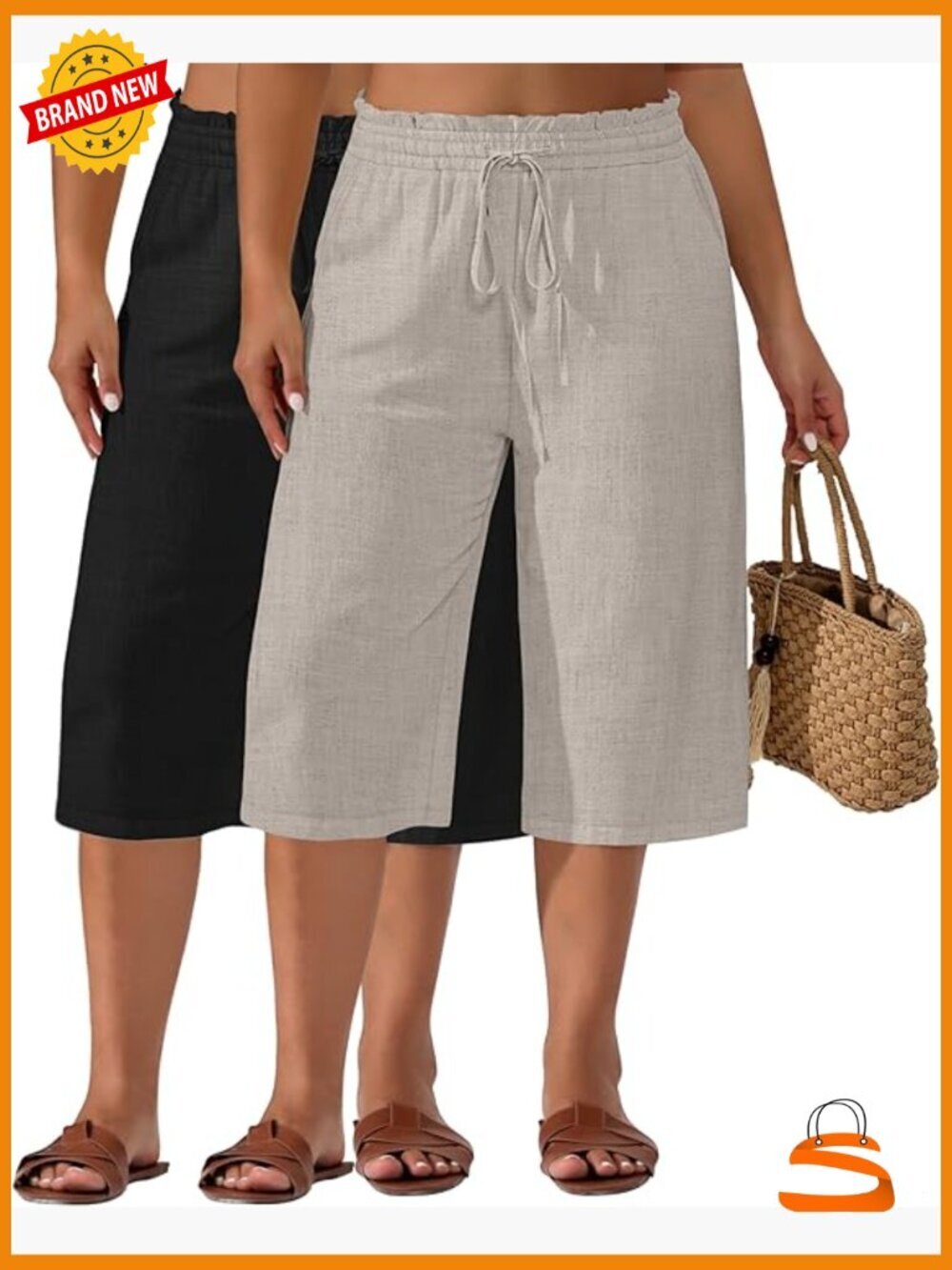2 Pack Wide Leg Linen Capris High Waisted Cropped Pants with Pockets